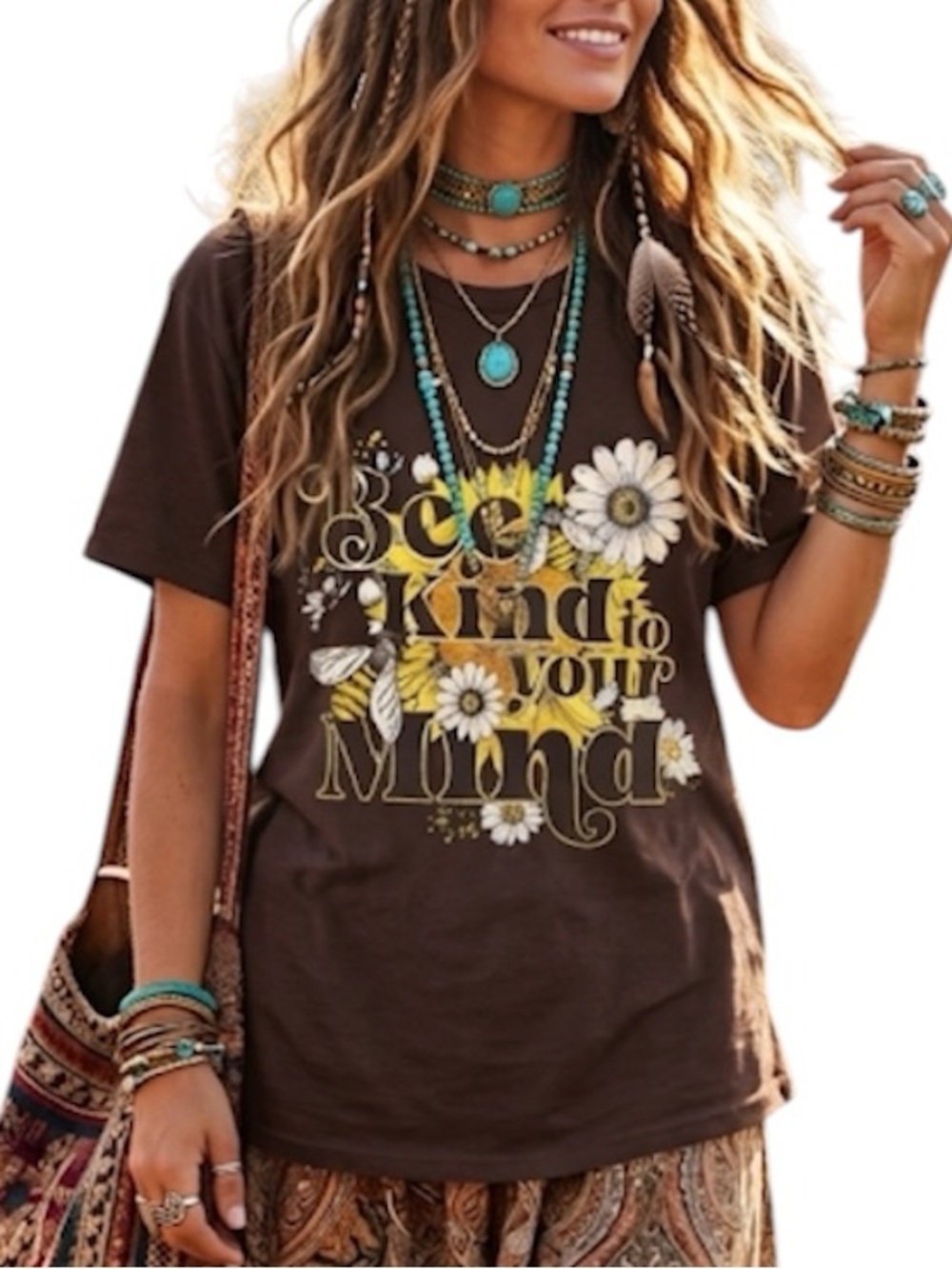 Graphic Bee Sunflower Chocolate Brown & Yellow T Shirt  Size: Medium